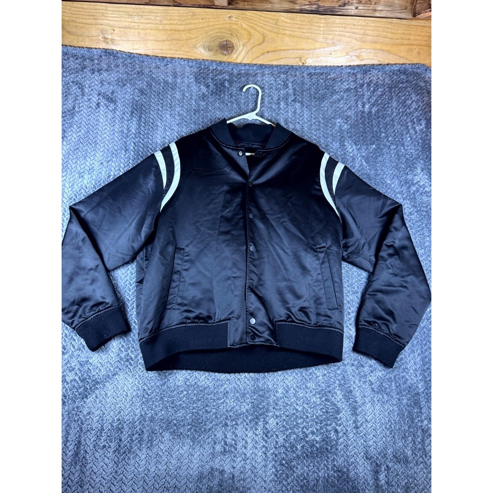 Fashion Nova Oliver Bomber Jacket Mens XL Black Lined Snap Button Front Striped